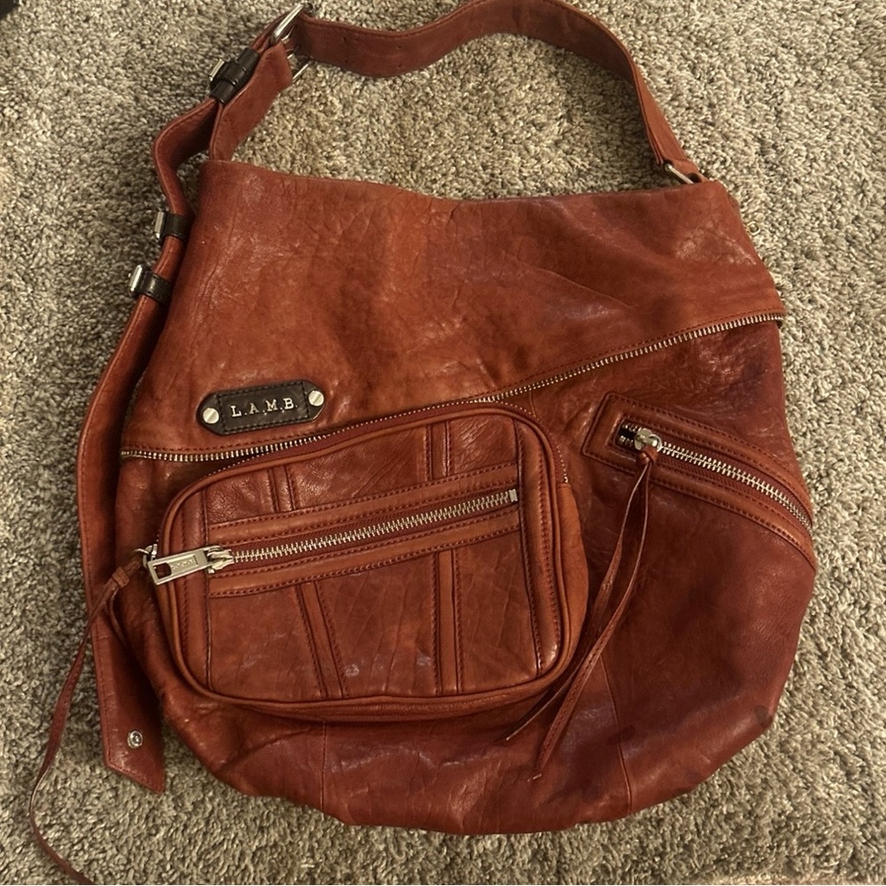 L.A.M.B Gwen Stefani Buckle & Zipper Accent Red Leather Hobo Shoulder Bag